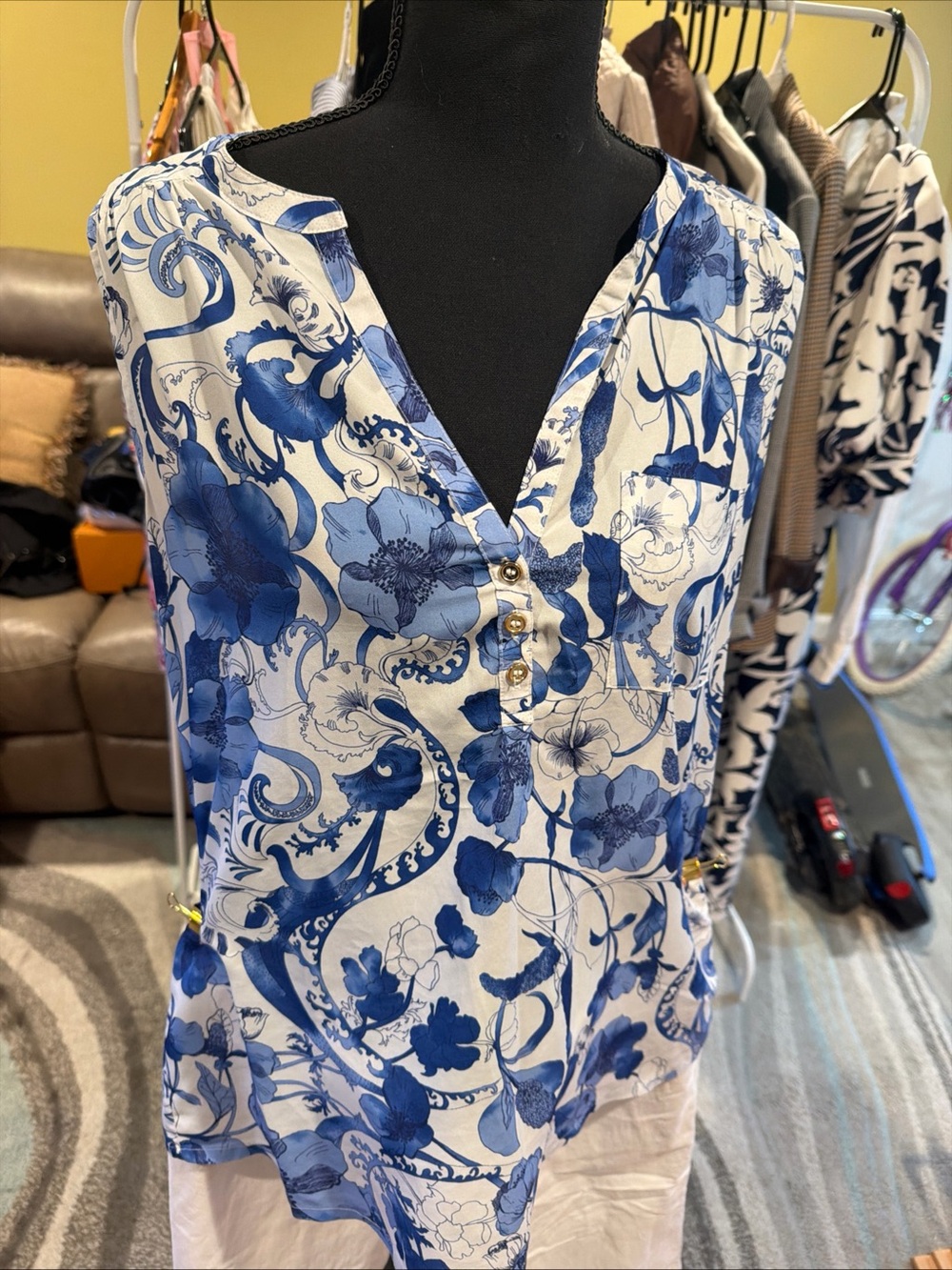 H&M Blue and White Floral V-Neck Blouse